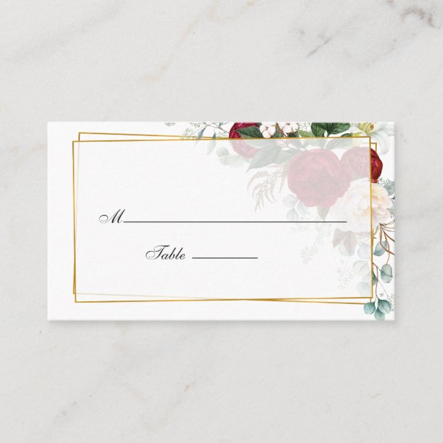 Tarjeta De Mesa Boda geométrico floral blanco y rojo de Borgoña (Anverso)