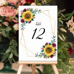 Tarjeta De Mesa Boda Geométrico Floral de Borgoña de Girasol<br><div class="desc">Este número de mesas bodas presenta un diseño moderno con girasoles acuarelas, rosas burdeos, follaje y un marco geométrico de oro falso. La parte delantera y trasera de las tarjetas tienen el mismo diseño. Para realizar el pedido, introduzca el número de tabla y haga clic en "Añadir al carrito" para...</div>