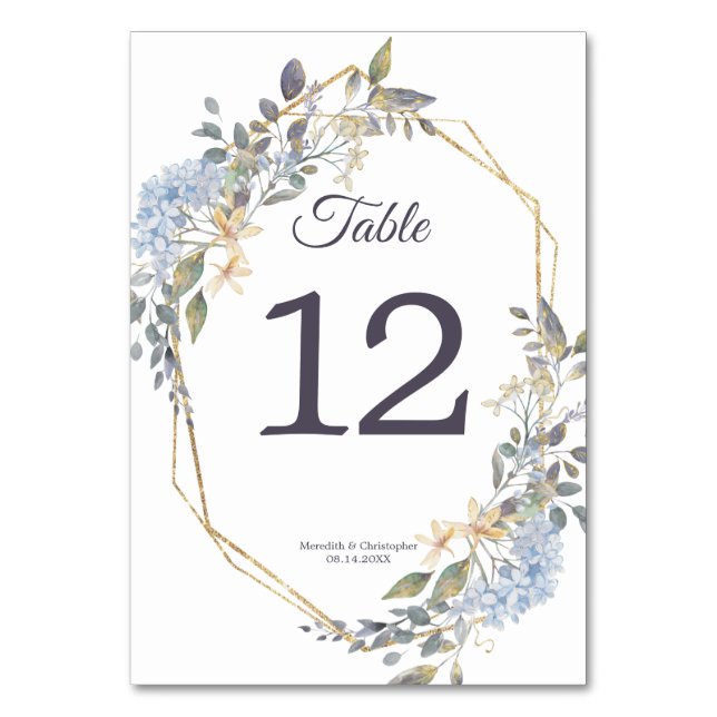 Tarjeta De Mesa Boda Geométrico Gold Frame Dusty Blue Florals (Anverso)