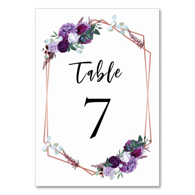 Tarjeta De Mesa Boda Geométrico Purple Floral Rosa Gold (Anverso)