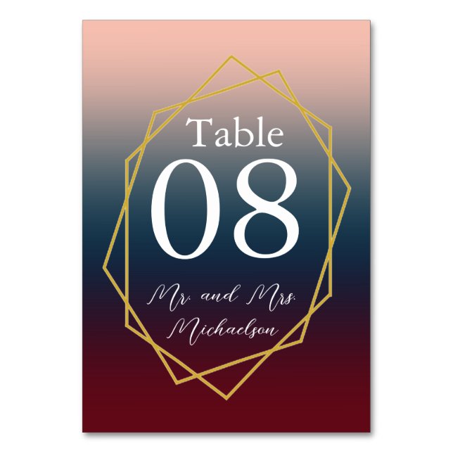 Tarjeta De Mesa Boda geométrico Rubor Ombre de la Marina de Borgoñ (Anverso)