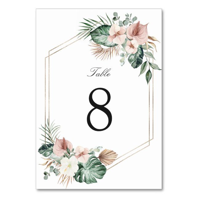 Tarjeta De Mesa Boda Geométrico Tropical Palm Floral Rubor Gold (Anverso)