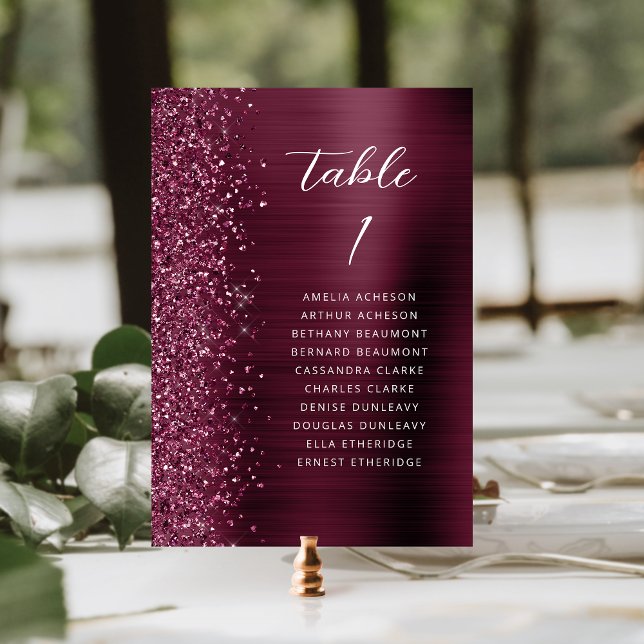 Tarjeta De Mesa Boda Glam Glitter Metálico Script Burgundy (Subido por el creador)