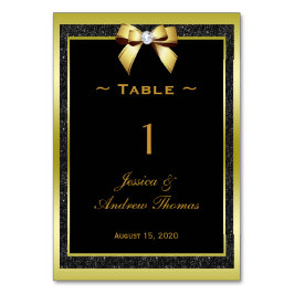 Tarjeta De Mesa Boda Glamurosa con Lazo Dorado y Brillo Negro