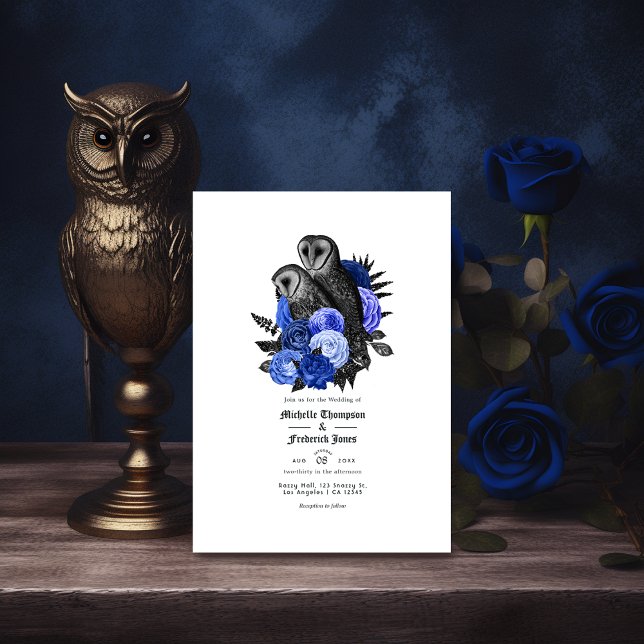 Tarjeta De Mesa Boda gótica de búhos florales azul real (Subido por el creador)
