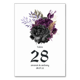 Tarjeta De Mesa Boda Gótica de Morado, Negro y Dorado