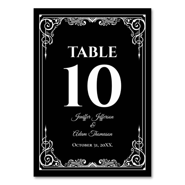 Tarjeta De Mesa Boda gótica elegante en blanco y negro (Anverso)