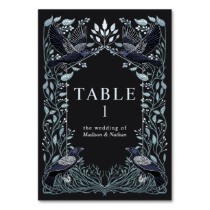 Tarjeta De Mesa Boda Gótica Encantada de Cuervo Floral de Plata