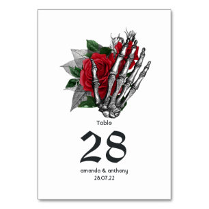 Tarjeta De Mesa Boda Gótica Esqueleto Floral Rojo