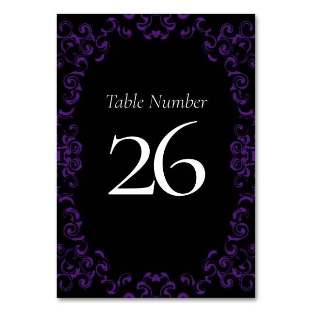 Tarjeta De Mesa Boda gótico de Black Swirl Purple (Reverso)