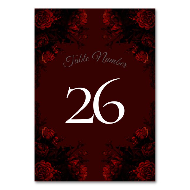 Tarjeta De Mesa Boda gótico elegante floral rojo profundo (Reverso)