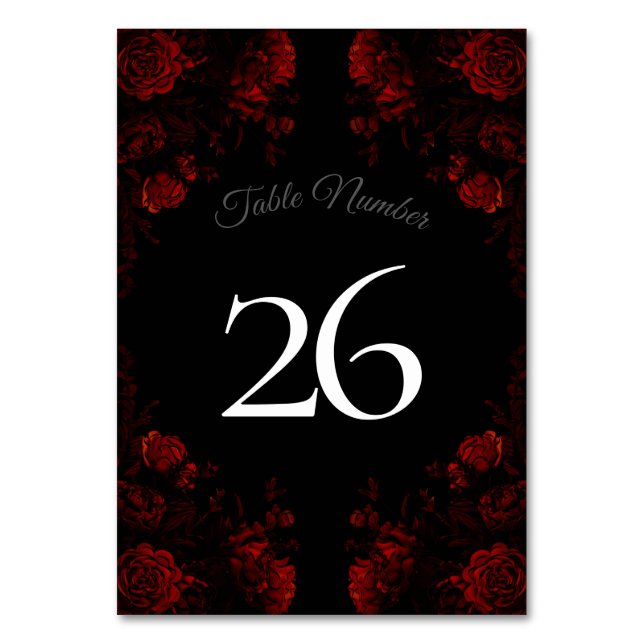 Tarjeta De Mesa Boda gótico elegante floral rojo profundo (Reverso)
