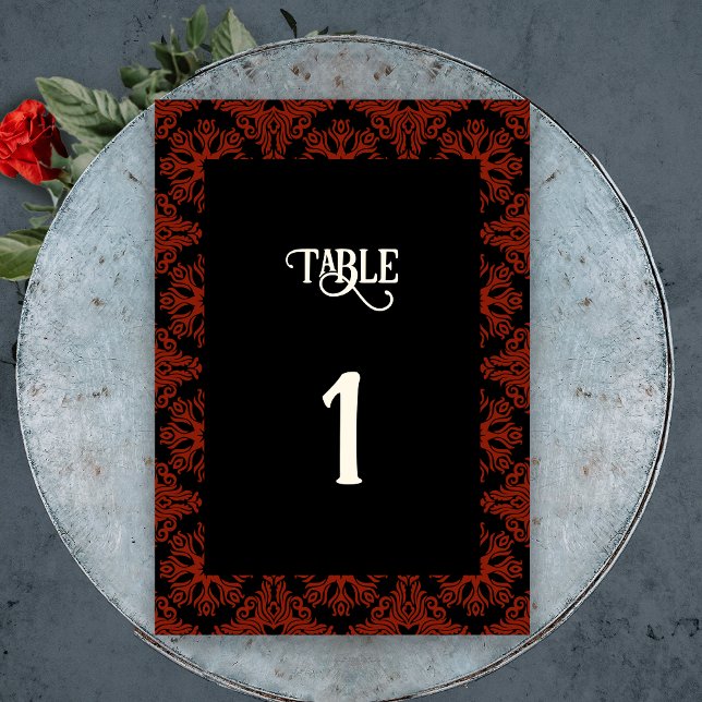 Tarjeta De Mesa Boda gótico floral negro y rojo (Black and Red Floral Gothic Elegant Wedding Invitation Belly Band)