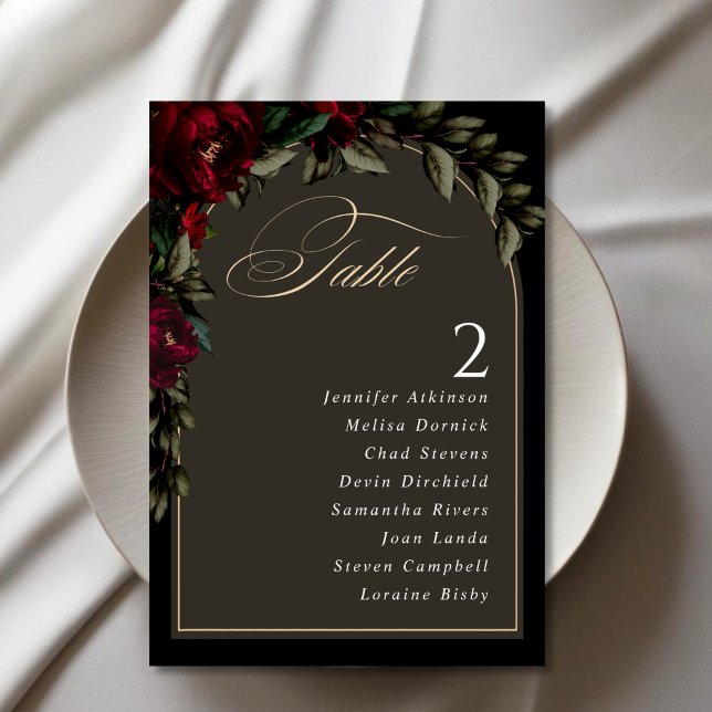 Tarjeta De Mesa Boda gótico rojo oscuro verde floral moody (Subido por el creador)