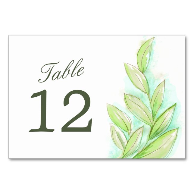 Tarjeta De Mesa Boda hojas verdes números de tabla de acuarela (Reverso)