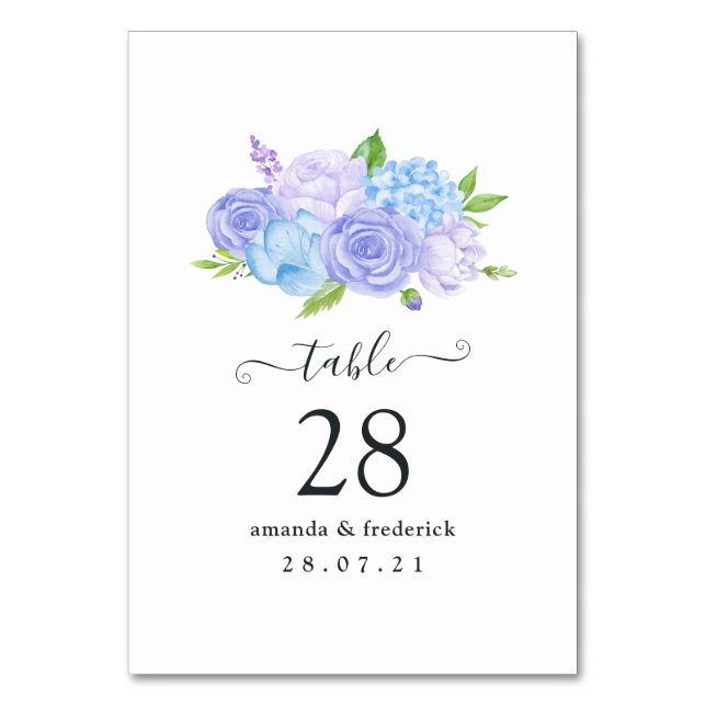 Tarjeta De Mesa Boda Hydrangea Blue and Light Lavender (Anverso)
