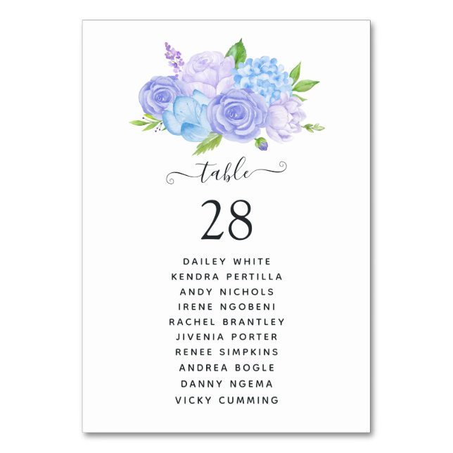 Tarjeta De Mesa Boda Hydrangea Blue and Light Lavender (Anverso)