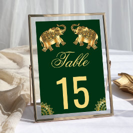 Tarjeta De Mesa Boda India Elefantes Étnicos Oro Verde