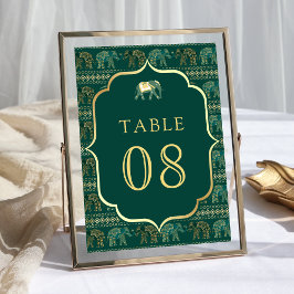 Tarjeta De Mesa Boda indio de Elefantes de Esmeralda y Oro
