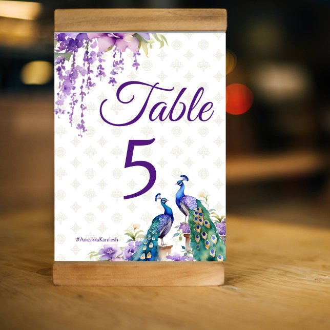 Tarjeta De Mesa Boda indio morado pavo real (Peacock purple wisteria  flowers Indian wedding Table Number card )