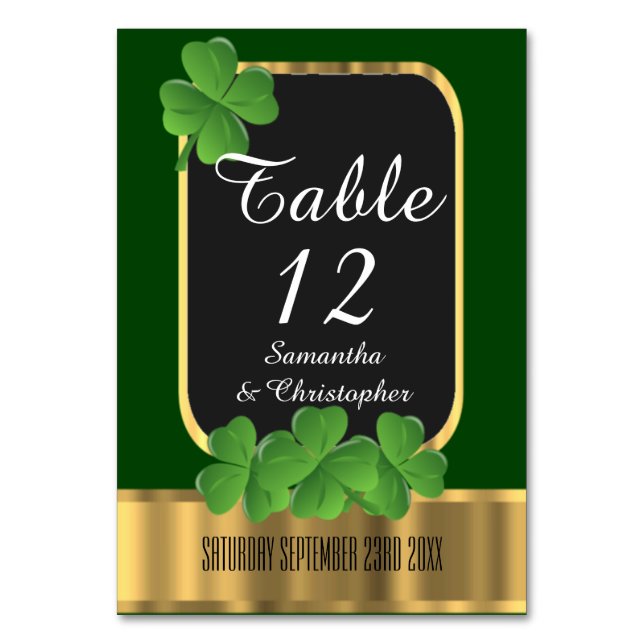 Tarjeta De Mesa Boda irlandés, verde, dorado y de shamrock (Anverso)