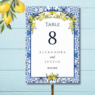 Tarjeta De Mesa Boda italiano Blue Tile Mediterranean Lemon