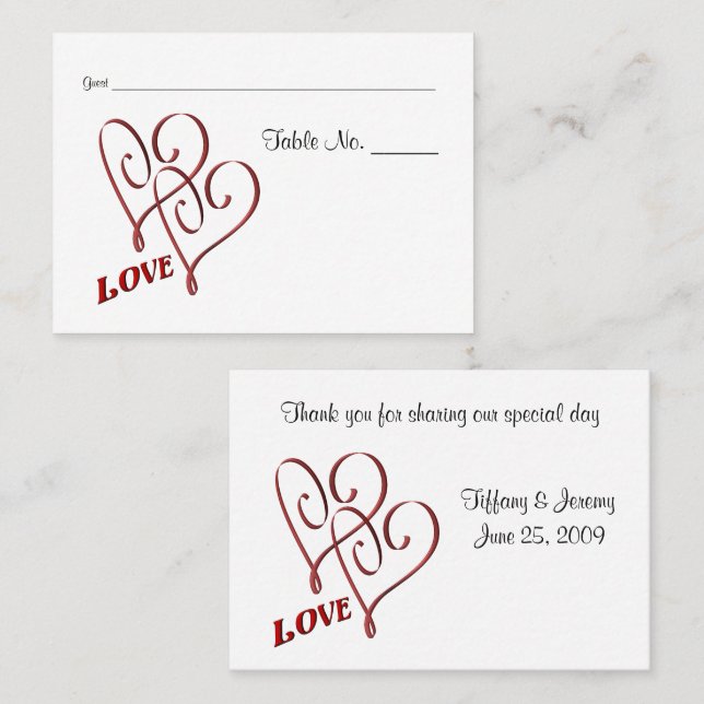 Tarjeta De Mesa Boda Love Two Hearts Table (Anverso / Reverso)