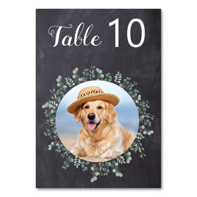 Tarjeta De Mesa Boda Mascota Eucalyptus de fotografía de perro de  (Anverso)