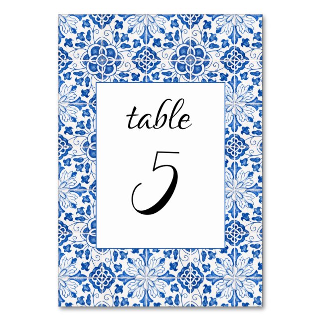 Tarjeta De Mesa Boda mediterráneo azul de azulejos portugueses (Anverso)