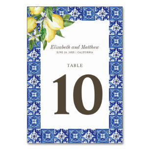 Tarjeta De Mesa Boda mediterráneo azul limón moderno