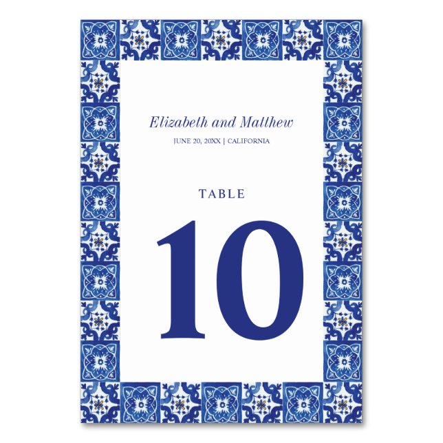 Tarjeta De Mesa Boda mediterráneo blanco y azul moderno (Anverso)