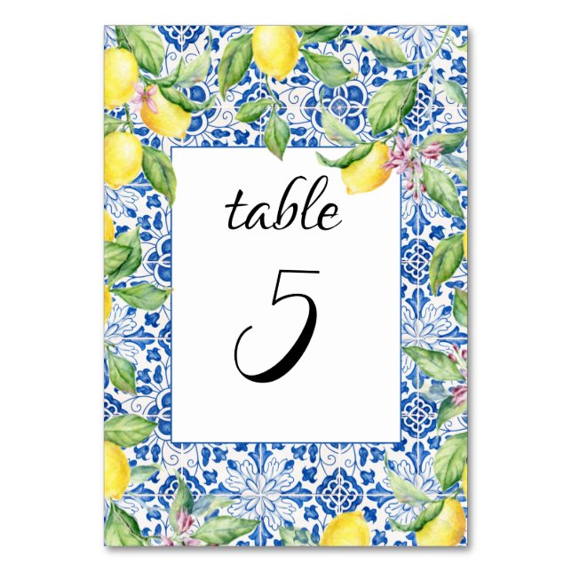 Tarjeta De Mesa Boda mediterráneo de lemones de azulejos portugues (Anverso)