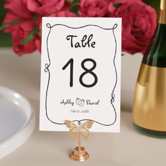 Tarjeta De Mesa Boda Minimalista Moderna con Doodle en Blanco y Ne