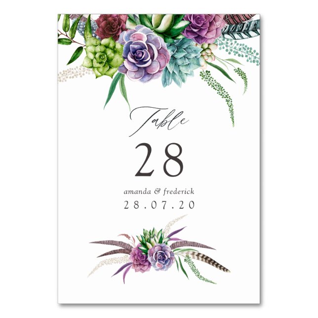 Tarjeta De Mesa Boda Mística Boho Acuarela Suculenta (Anverso)