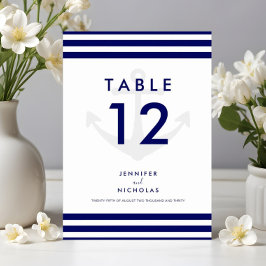 Tarjeta De Mesa Boda moderna con ancla náutica y rayas azules