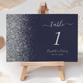Tarjeta De Mesa Boda moderna con borde de brillo plateado azul osc