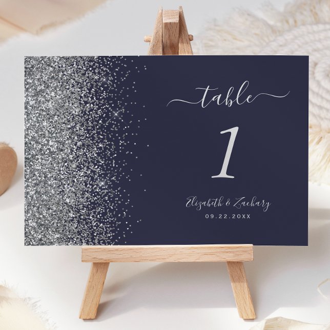 Tarjeta De Mesa Boda moderna con borde de brillo plateado azul osc (Subido por el creador)