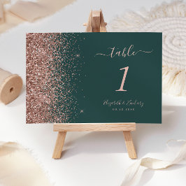Tarjeta De Mesa Boda moderna con brillo de oro rosa y verde oscuro