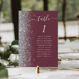 Tarjeta De Mesa Boda moderna con brillo de plata de Borgoña