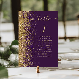 Tarjeta De Mesa Boda moderna con brillo dorado y púrpura oscuro