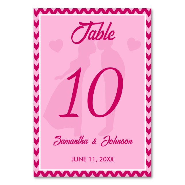 Tarjeta De Mesa Boda Moderna con Raya de Chevron Rosa Sonrosado (Anverso)