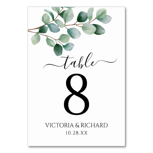 Tarjeta De Mesa Boda moderna con vegetación de eucalipto (Anverso)