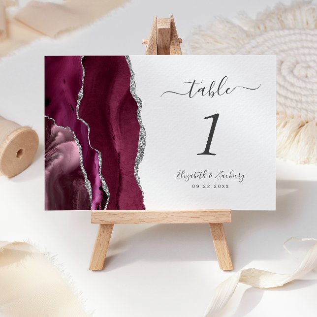 Tarjeta De Mesa Boda Moderna de Ágata Plateada de Borgoña (Subido por el creador)