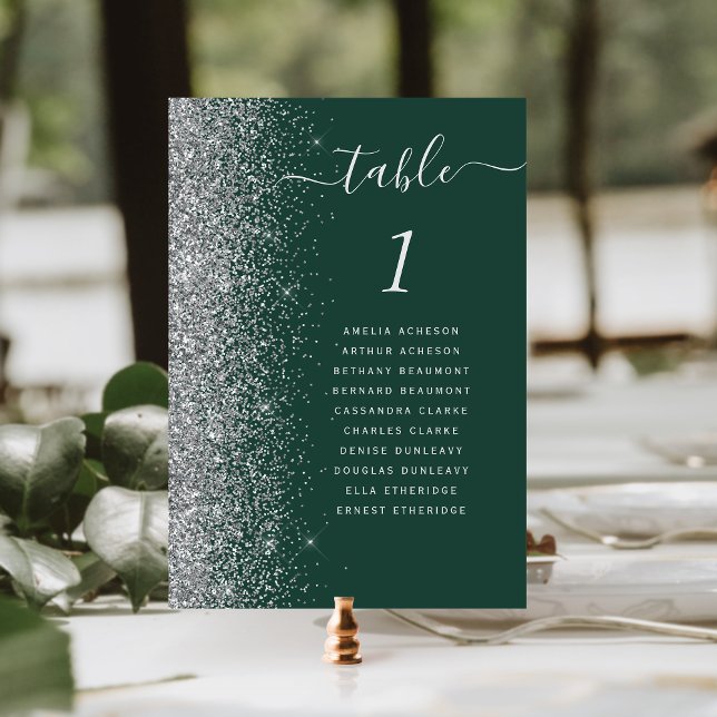 Tarjeta De Mesa Boda moderna de brillo plateado verde oscuro (Subido por el creador)