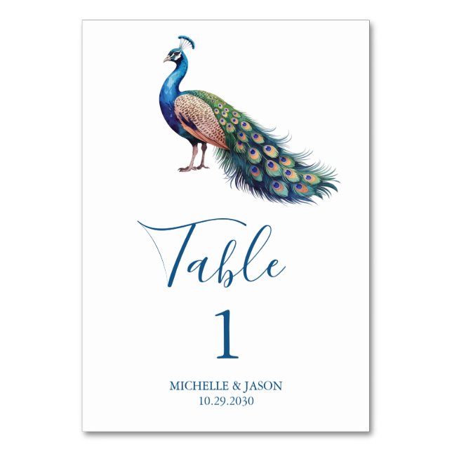 Tarjeta De Mesa Boda moderna de pavo real con acuarela trendy (Anverso)
