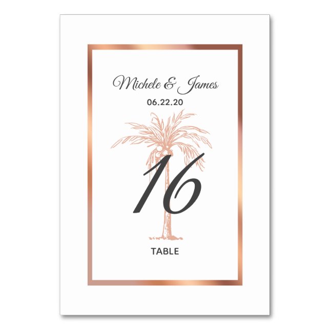 Tarjeta De Mesa Boda moderna elegante rosa oro cobre palma (Anverso)