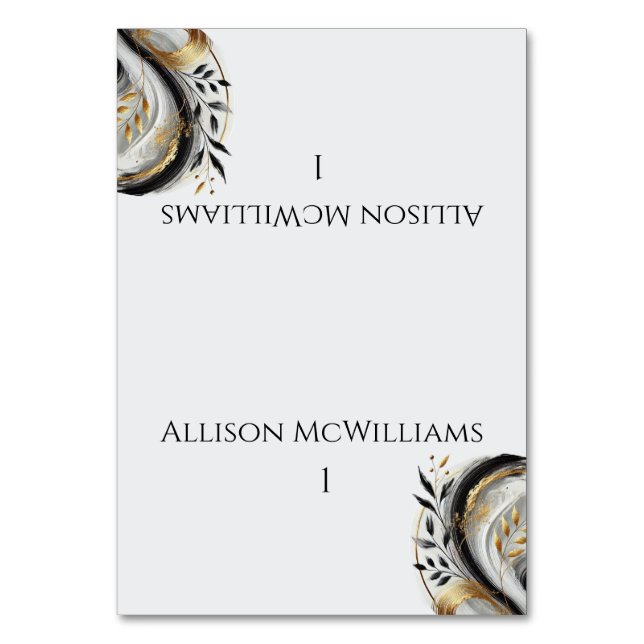 Tarjeta De Mesa Boda moderna en blanco, negro y dorado (Anverso)