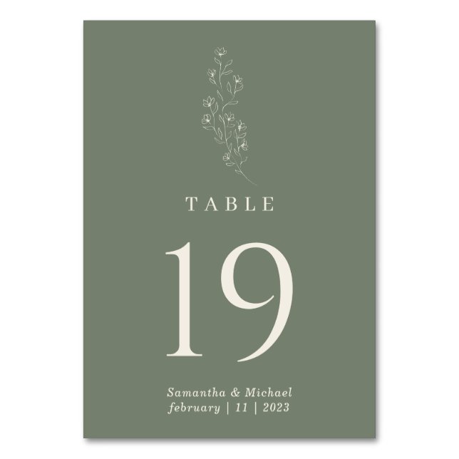 Tarjeta De Mesa Boda moderna flor verde salvia (Anverso)