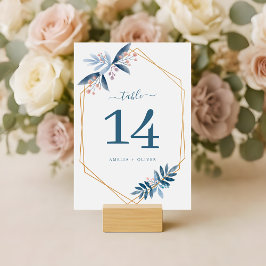 Tarjeta De Mesa Boda moderna geométrica con vegetación azul polvor