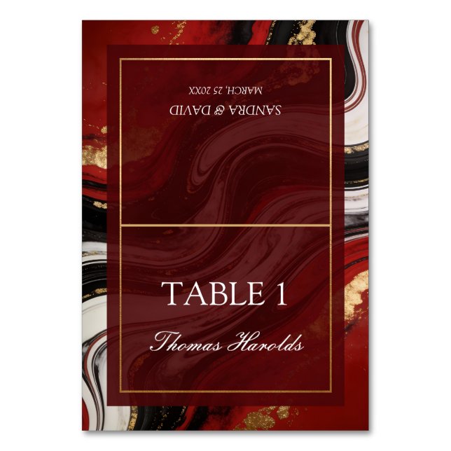 Tarjeta De Mesa Boda moderna mármol burgundy chic oro (Anverso)